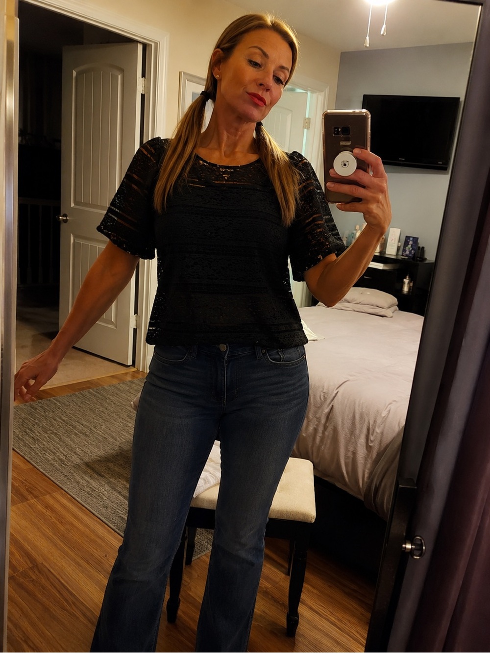 Women's Black Lace Short-Sleeve Top